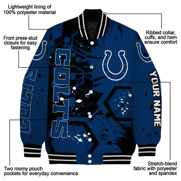 custom indianapolis colts hexagon cluster blue black varsity jacket new arrival.webp