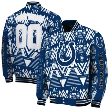 custom indianapolis colts pyramid shapes blue varsity jacket fashion forward.webp
