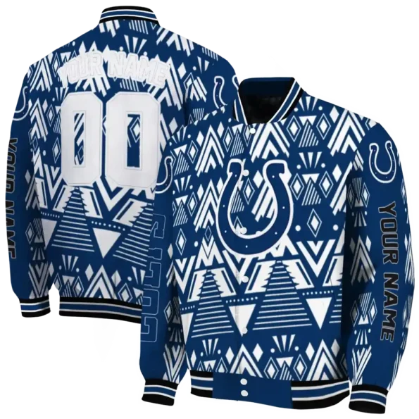 custom indianapolis colts pyramid shapes blue varsity jacket fashion forward.webp