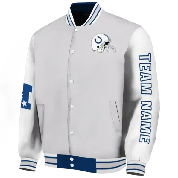 custom indianapolis colts speckled arms blue gray varsity jacket best selling.webp