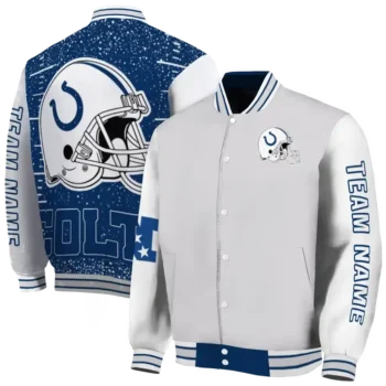 custom indianapolis colts speckled arms blue gray varsity jacket fashion forward.webp