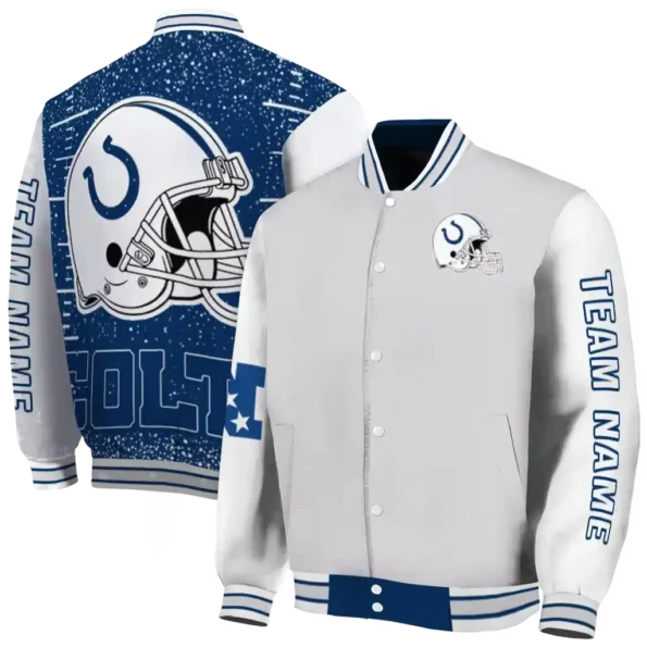 custom indianapolis colts speckled arms blue gray varsity jacket fashion forward.webp