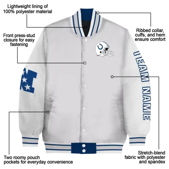 custom indianapolis colts speckled arms blue gray varsity jacket new arrival.webp