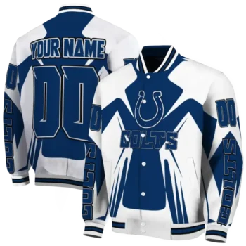 custom indianapolis colts spider mark blue grey crocs varsity jacket fashion forward.webp