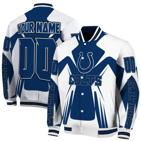 custom indianapolis colts spider mark blue grey crocs varsity jacket fashion forward.webp