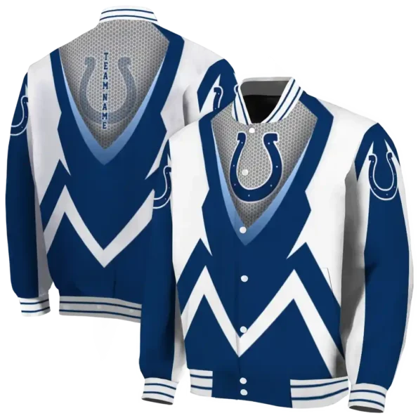 custom indianapolis colts v stripes blue white varsity jacket fashion forward.webp