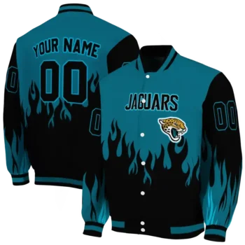 custom jacksonville jaguars flame border teal black varsity jacket fashion forward.webp
