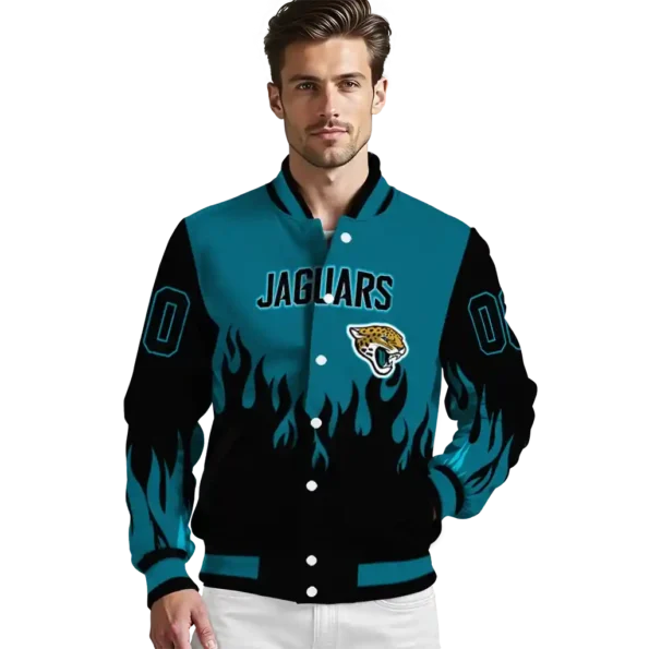 custom jacksonville jaguars flame border teal black varsity jacket high quality.webp
