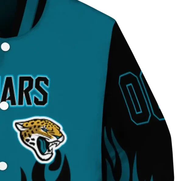custom jacksonville jaguars flame border teal black varsity jacket premium grade.webp