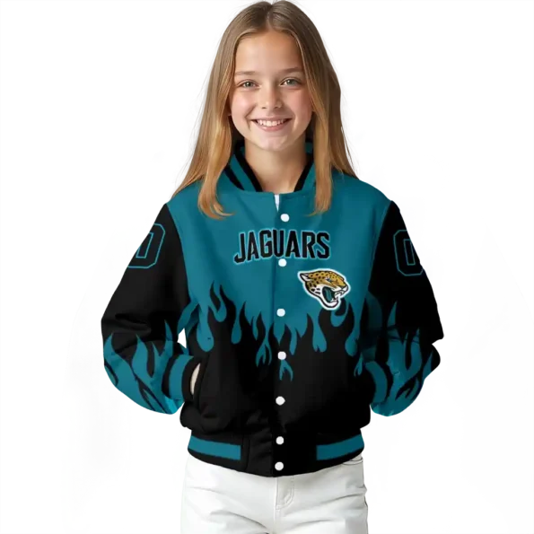 custom jacksonville jaguars flame border teal black varsity jacket top rated.webp