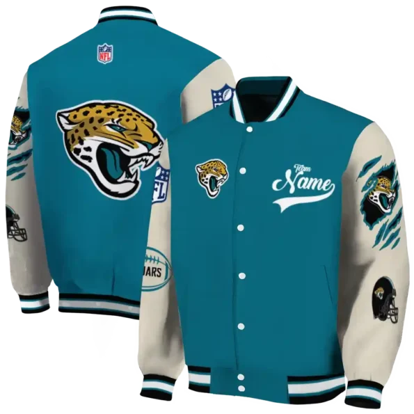 custom jacksonville jaguars razorback outline teal nude varsity jacket fashion forward.webp