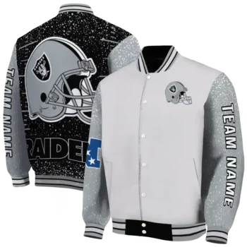 custom las vegas raiders speckled arms black gray varsity jacket fashion forward