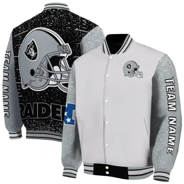 custom las vegas raiders speckled arms black gray varsity jacket fashion forward