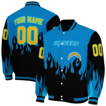 custom los angeles chargers flame border blue black varsity jacket fashion forward