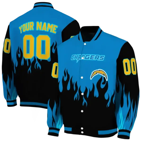 custom los angeles chargers flame border blue black varsity jacket fashion forward