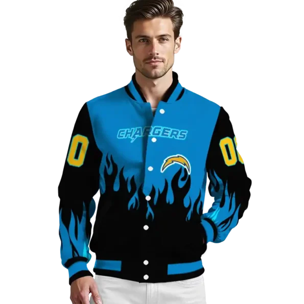 custom los angeles chargers flame border blue black varsity jacket high quality