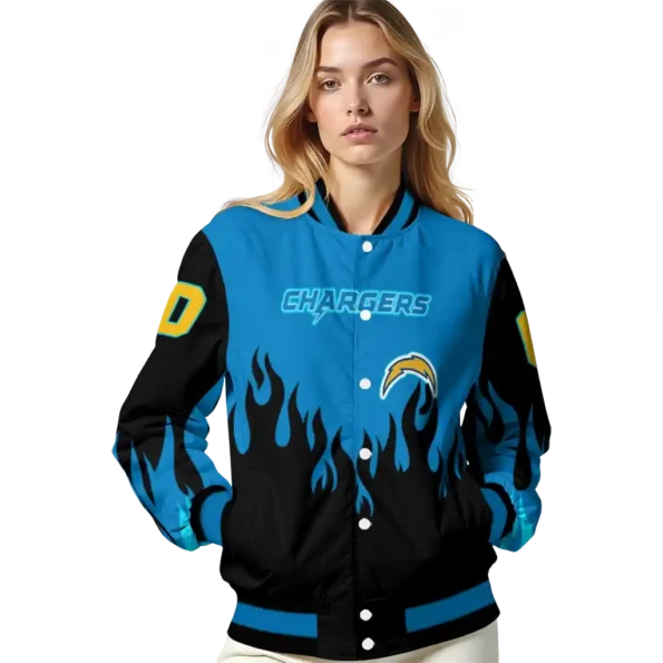 custom los angeles chargers flame border blue black varsity jacket latest model