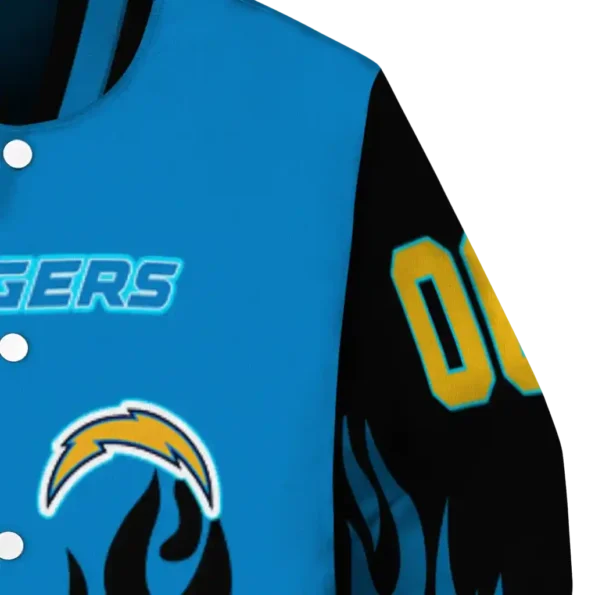custom los angeles chargers flame border blue black varsity jacket premium grade