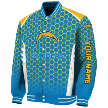 custom los angeles chargers hexagon grid blue varsity jacket best selling