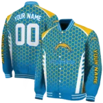 custom los angeles chargers hexagon grid blue varsity jacket best selling