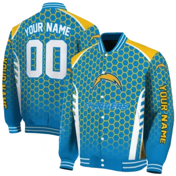 custom los angeles chargers hexagon grid blue varsity jacket fashion forward