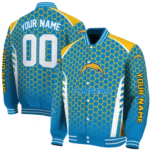 custom los angeles chargers hexagon grid blue varsity jacket fashion forward