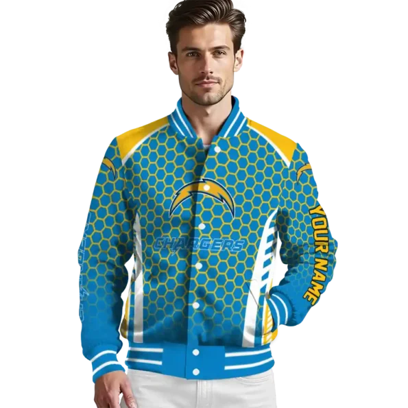 custom los angeles chargers hexagon grid blue varsity jacket high quality