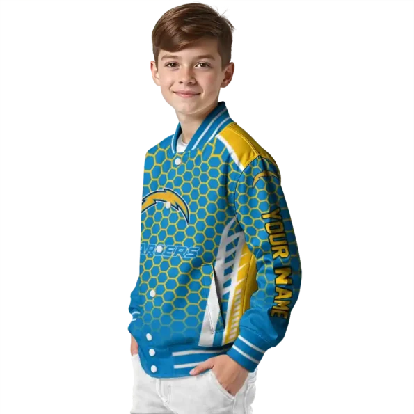 custom los angeles chargers hexagon grid blue varsity jacket trendy
