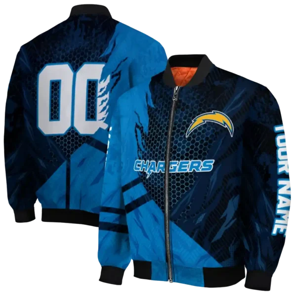 custom los angeles chargers hexagon mesh blue black bomber jacket fashion forward