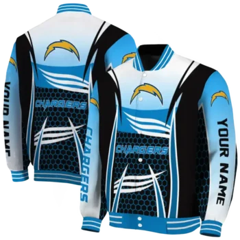 custom los angeles chargers mesh effect blue black varsity jacket fashion forward
