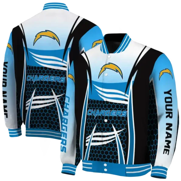 custom los angeles chargers mesh effect blue black varsity jacket fashion forward