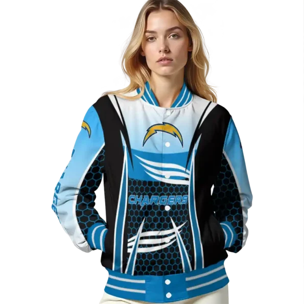 custom los angeles chargers mesh effect blue black varsity jacket latest model