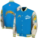 custom los angeles chargers razorback outline blue nude varsity jacket best selling