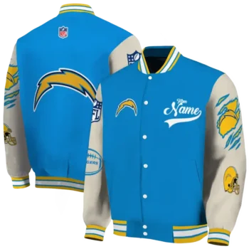 custom los angeles chargers razorback outline blue nude varsity jacket fashion forward