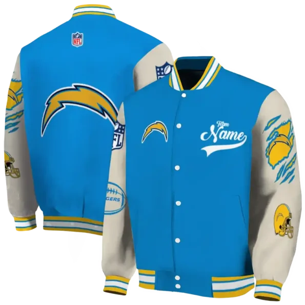 custom los angeles chargers razorback outline blue nude varsity jacket fashion forward