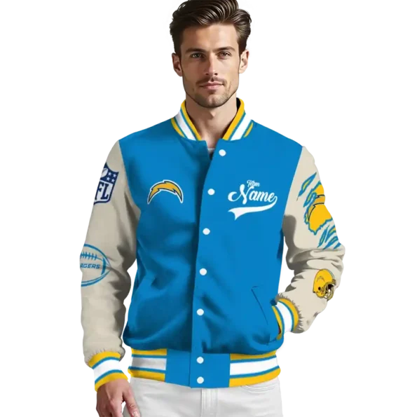 custom los angeles chargers razorback outline blue nude varsity jacket high quality