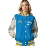 custom los angeles chargers razorback outline blue nude varsity jacket best selling