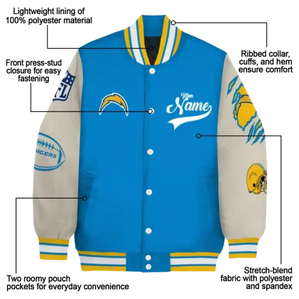 custom los angeles chargers razorback outline blue nude varsity jacket new arrival