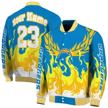 custom los angeles chargers winged blaze blue white varsity jacket fashion forward