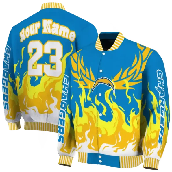 custom los angeles chargers winged blaze blue white varsity jacket fashion forward
