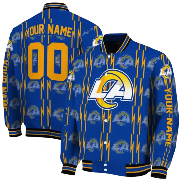 custom los angeles rams bolt stripe blue varsity jacket fashion forward
