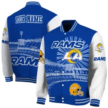 custom los angeles rams ferris arena blue white varsity jacket fashion forward