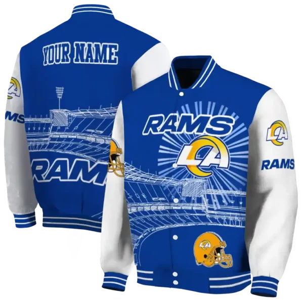 custom los angeles rams ferris arena blue white varsity jacket fashion forward