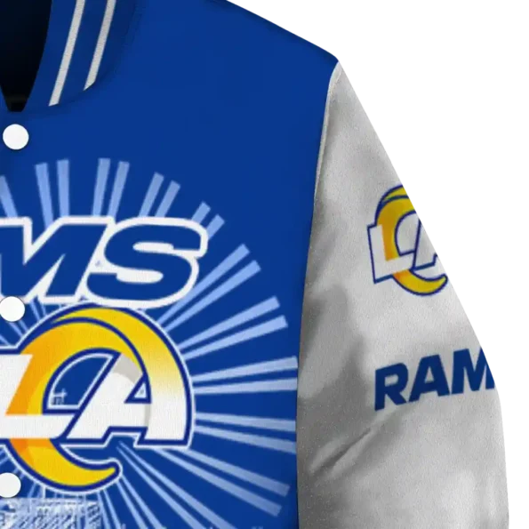 custom los angeles rams ferris arena blue white varsity jacket premium grade