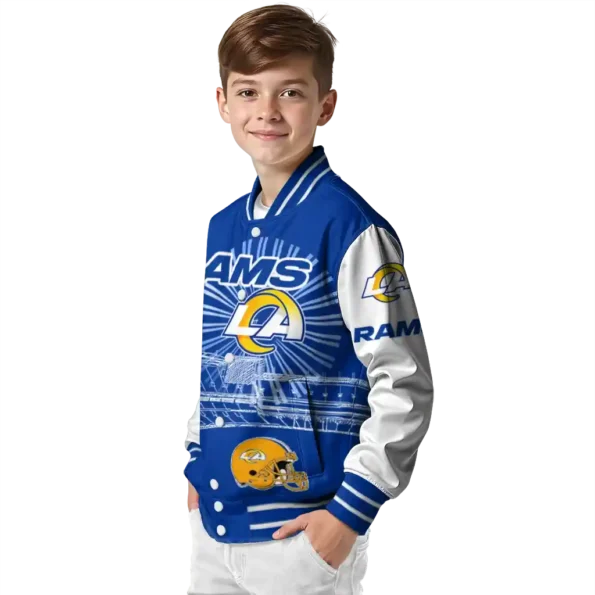 custom los angeles rams ferris arena blue white varsity jacket trendy