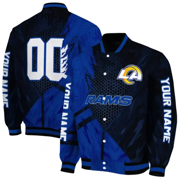 custom los angeles rams hexagon mesh blue black varsity jacket fashion forward