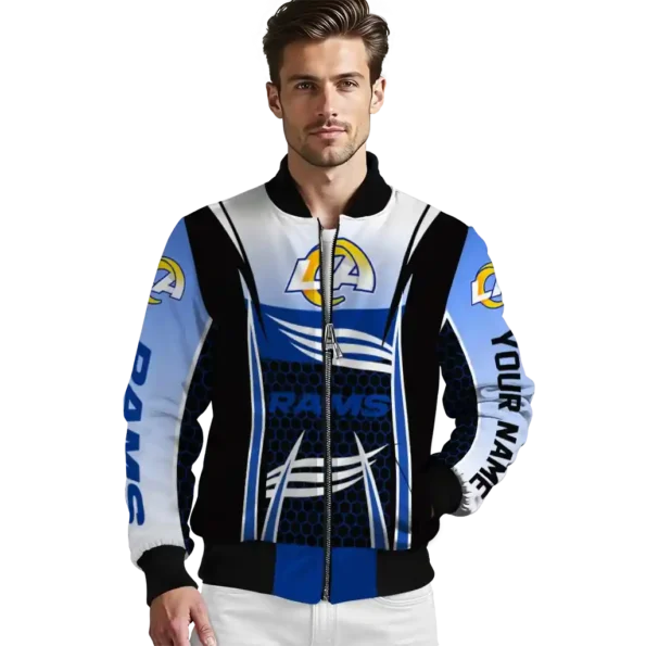 custom los angeles rams mesh effect blue black bomber jacket high quality