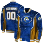 custom los angeles rams power plate blue varsity jacket best selling