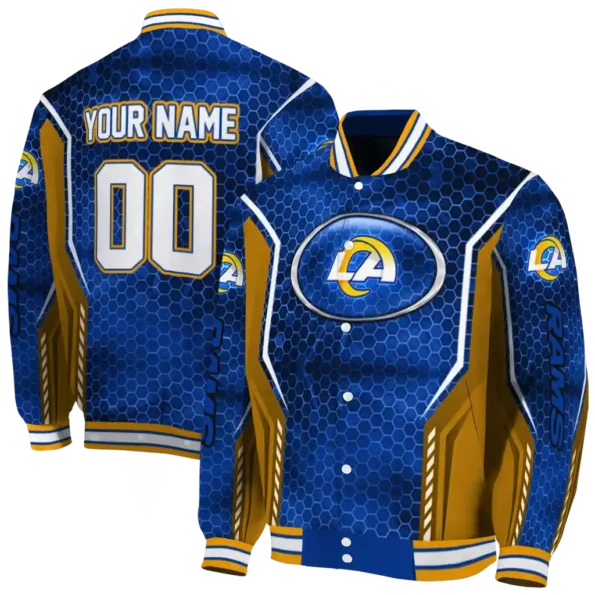custom los angeles rams power plate blue varsity jacket fashion forward
