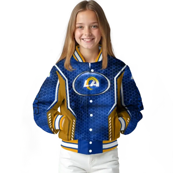 custom los angeles rams power plate blue varsity jacket top rated